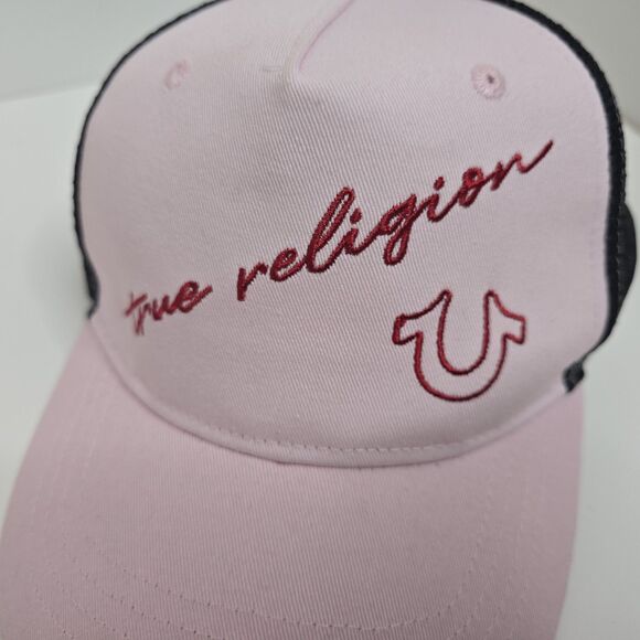 True Religion Pink w/ Black Mesh Adjustable Snapback Trucker Hat Cap One Size - Picture 3 of 12
